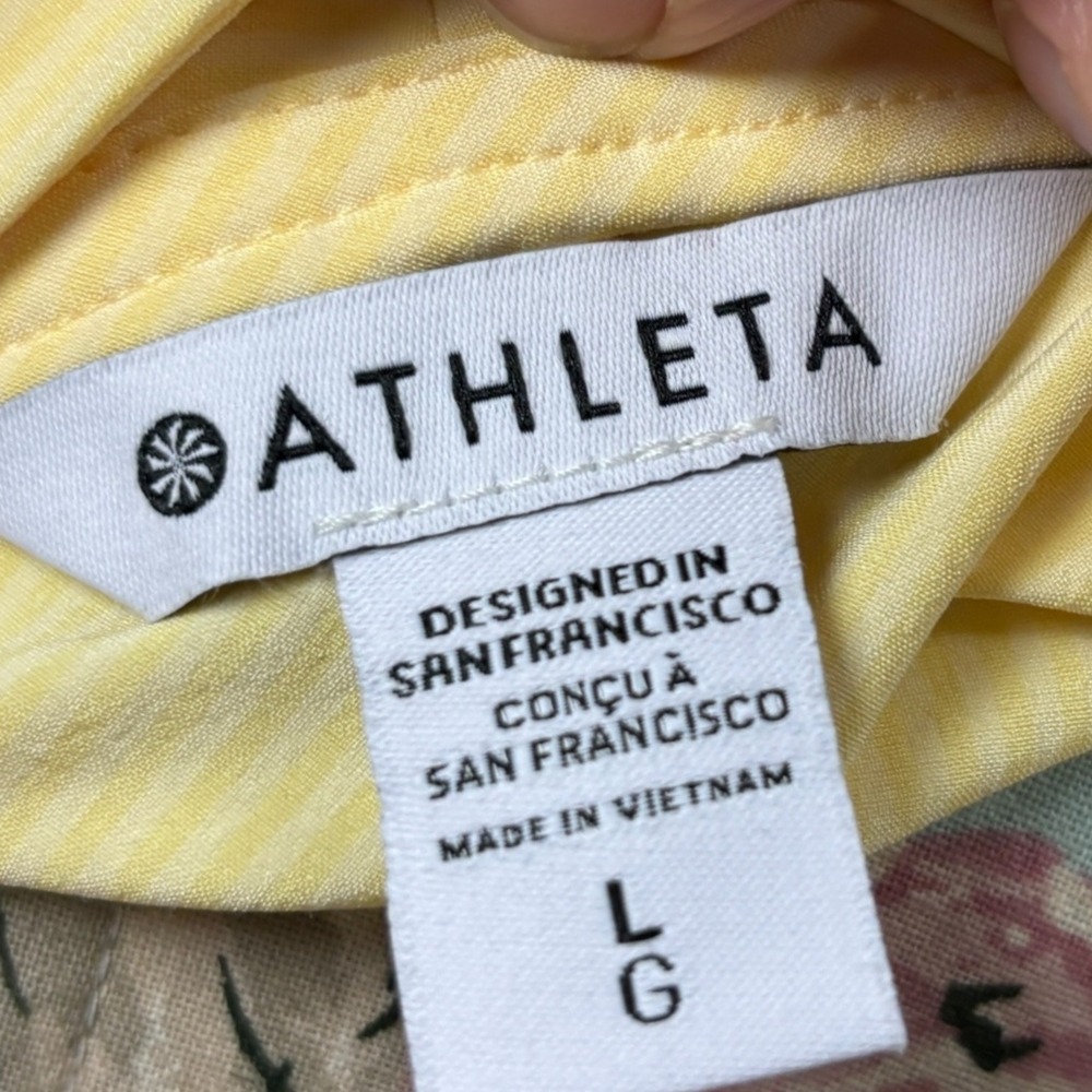 Athleta Newport Wrap Dress Yellow Pinstripe Short Sleeve Belted Midi Athletic L - Picture 7 of 9